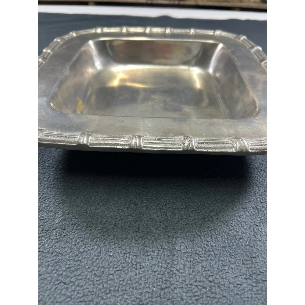 Vintage Pewter Square Serving Bowl Faux Bamboo Rim Chinoiserie Catchall Dish
